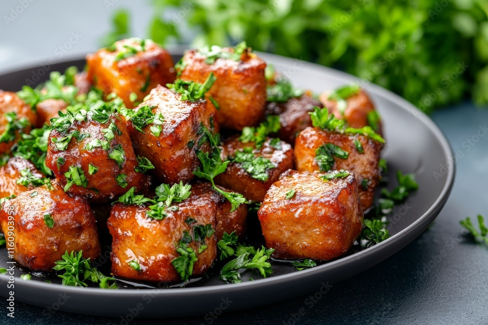 Bite sized barbecue meatballs with fresh parsley served on a black plate for vibrant, smoky, and high contrast culinary photography Bite sized barbecue meatballs with fresh parsley served on a black plate for vibrant, smoky, and high contrast culinary photography