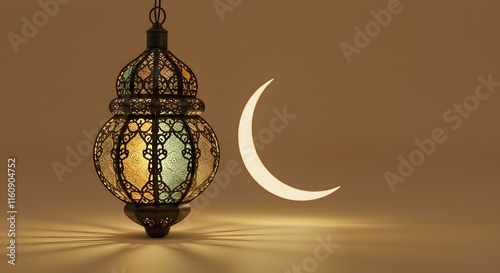 Traditional lantern paired with a crescent, softly illuminated in a warm golden light, portraying the essence of Eid and Islamic tradition photo