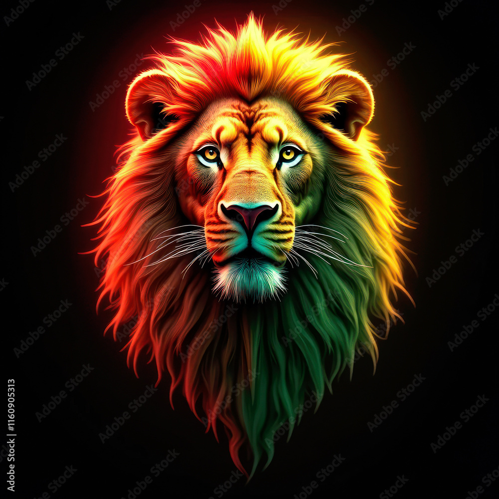 Obraz premium Rasta Lion Digital Art - Majestic Reggae Lion Head on Black Background