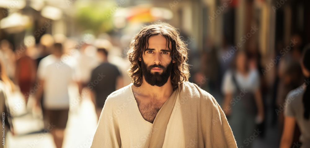 Fototapeta premium Unnoticed Jesus on busy street among modern people walking past. Jesus looks directly in camera wearing traditional robes. Urban environment creates contrast between spirituality and daily life