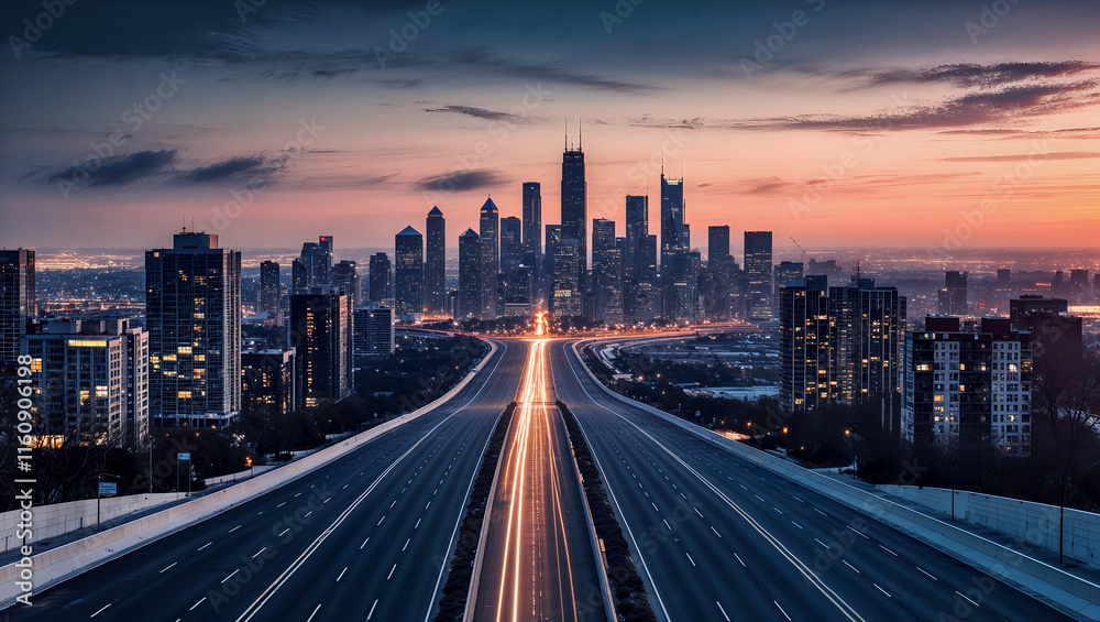 Fototapeta premium 金融街の夕日と静かな道路が作り出すモダンで美しい都市景観.生成AI