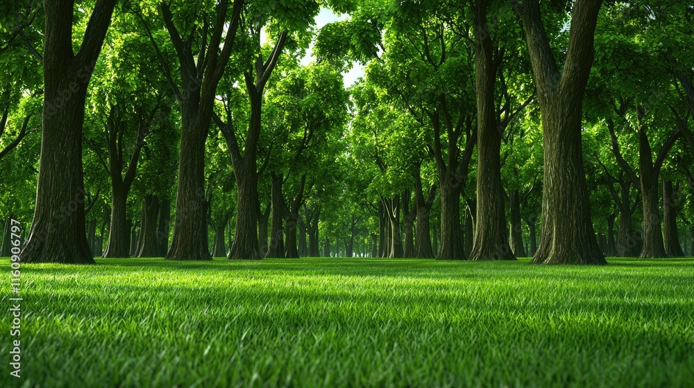 Fototapeta premium Tranquil green forest landscape nature scene lush environment ground perspective serenity and peace