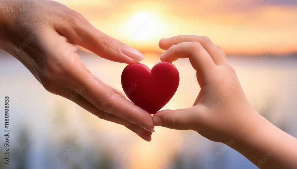 Heartfelt Connection: A tender moment captured as an adult hand and a child's hand delicately hold a red heart, symbolizing love, care, and the unbreakable bond between generations.