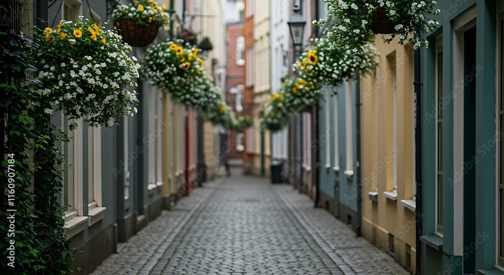 Fototapeta premium Quaint cobblestone alleyway lined with vibrant hanging flower baskets and colorful buildings, concept for travel brochure, urban exploration and cityscape photography