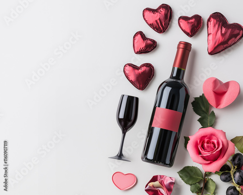 Red Wine, Roses, and Heart-Shaped Sweets on Minimal Background – Romantic Valentine's Day Flat Lay