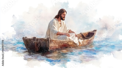 Jesus Christ in Boat - Watercolor Illustration photo