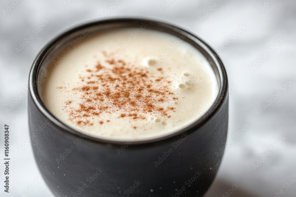 Creamy beverage in stylish black cup, topped with sprinkle of sp Creamy beverage in stylish black cup, topped with sprinkle of sp