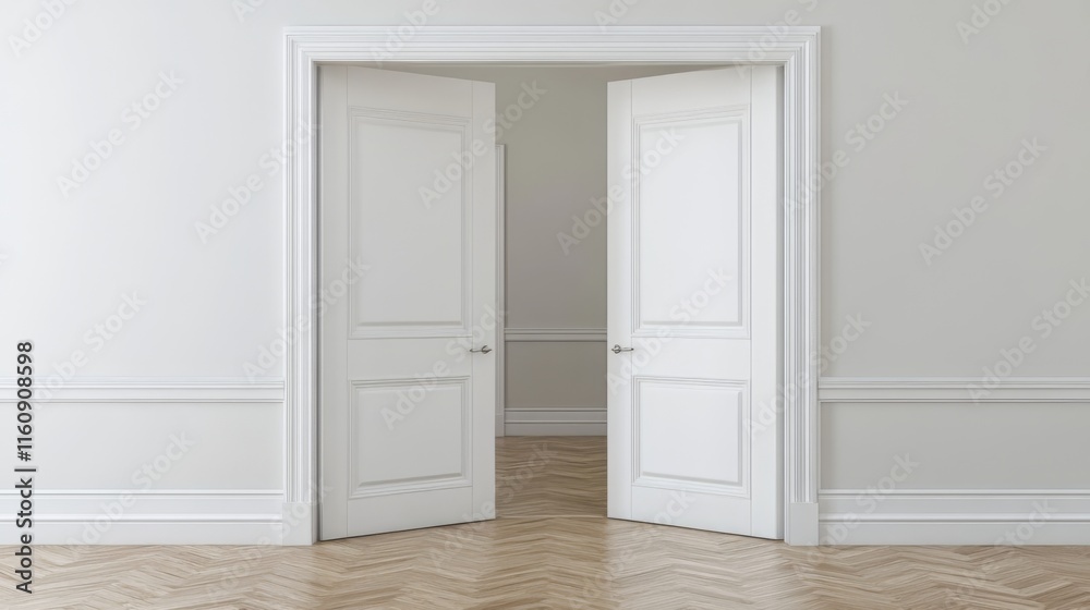 Elegant White Interior Design with Open Doors and Herringbone Floor Elegant White Interior Design with Open Doors and Herringbone Floor