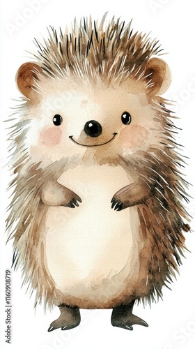 Playful and Cute Watercolor Hedgehog Character Standing on Isolated Background - Ideal for art prints, greeting cards, and springtime concepts photo