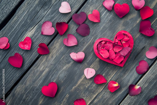 Flat Lay in wooden Background with Pink Rose Petals and Hearts – Romantic Valentine's Day Design