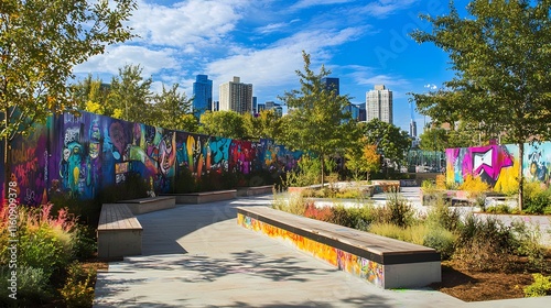 Vibrant Urban Oasis: Graffiti Art and Cityscape in Harmony