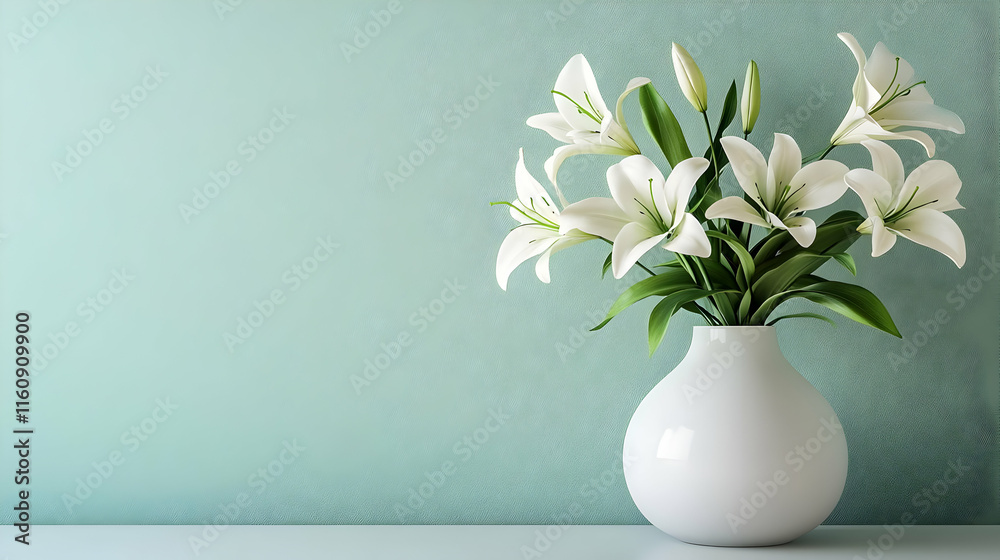 White Lilies in a Vase Against a Light Blue Background - Illustration White Lilies in a Vase Against a Light Blue Background - Illustration