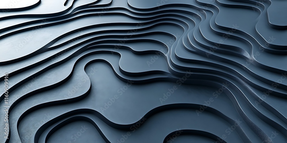 Fototapeta premium Abstract dark gray 3D topography texture with smooth wavy lines and curves.