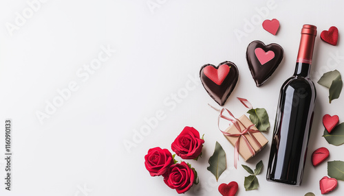 Red Rose Petals and Hearts on Minimal Background – Elegant Valentine's Day Flat Lay - Negative space 