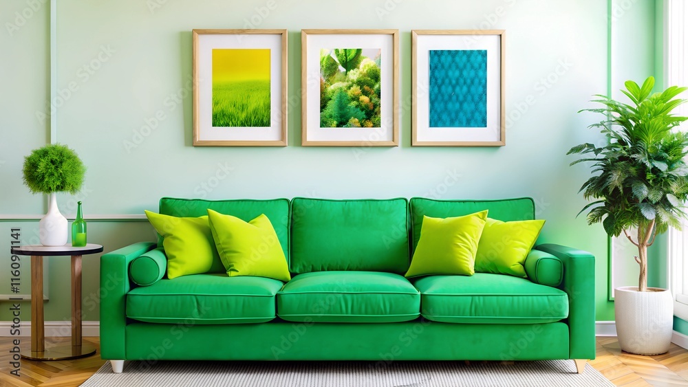 Mock-up frame in cozy light grey home interior background with green sofa and three frames.3d render Mock-up frame in cozy light grey home interior background with green sofa and three frames.3d render
