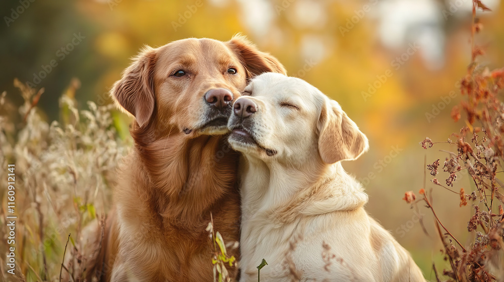 Two Labrador Retrievers Cuddling in Autumn Landscape Two Labrador Retrievers Cuddling in Autumn Landscape