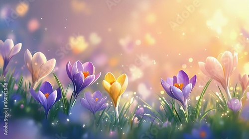 Sunlit crocus flowers bloom in a dreamy meadow, showcasing vibrant purples and yellows against a soft, ethereal background of bokeh light.