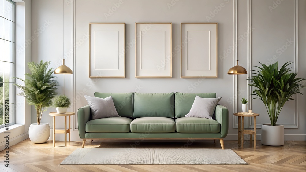 Mock-up frame in cozy light grey home interior background with green sofa and three frames.3d render Mock-up frame in cozy light grey home interior background with green sofa and three frames.3d render