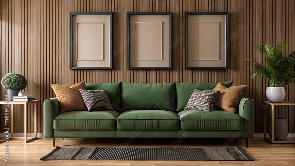 Fototapeta premium Mock-up frame in cozy light grey home interior background with green sofa and three frames.3d render