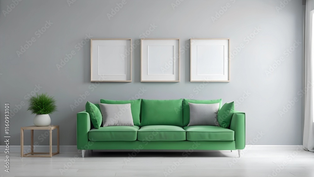 Mock-up frame in cozy light grey home interior background with green sofa and three frames.3d render Mock-up frame in cozy light grey home interior background with green sofa and three frames.3d render