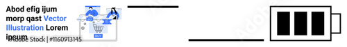 Shopping cart symbol, website interface with graphs and icons linked to battery icon filled at three-fourths capacity. Ideal for digital retail, e-commerce efficiency, sustainability, device usage