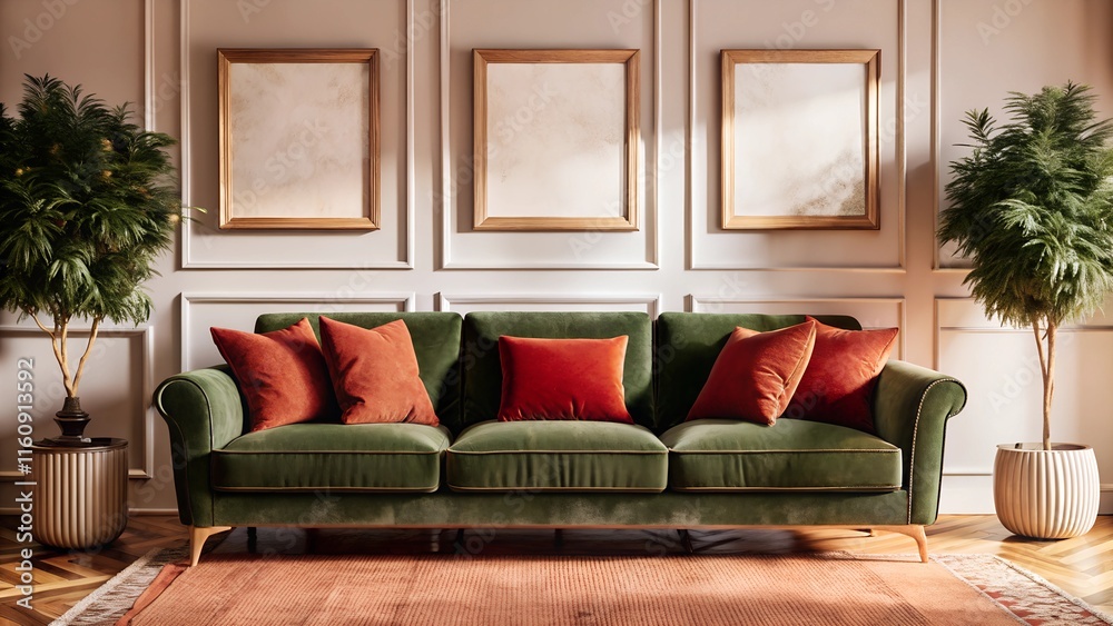 Mock-up frame in cozy light grey home interior background with green sofa and three frames.3d render