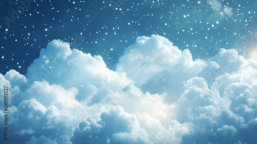 Dreamy cloudscape with glittering stars in serene blue sky