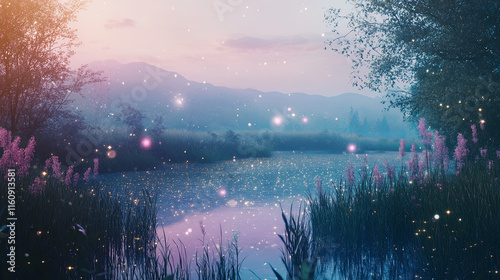 serene landscape featuring tranquil river, sparkling lights, and lush greenery. soft colors create dreamy atmosphere