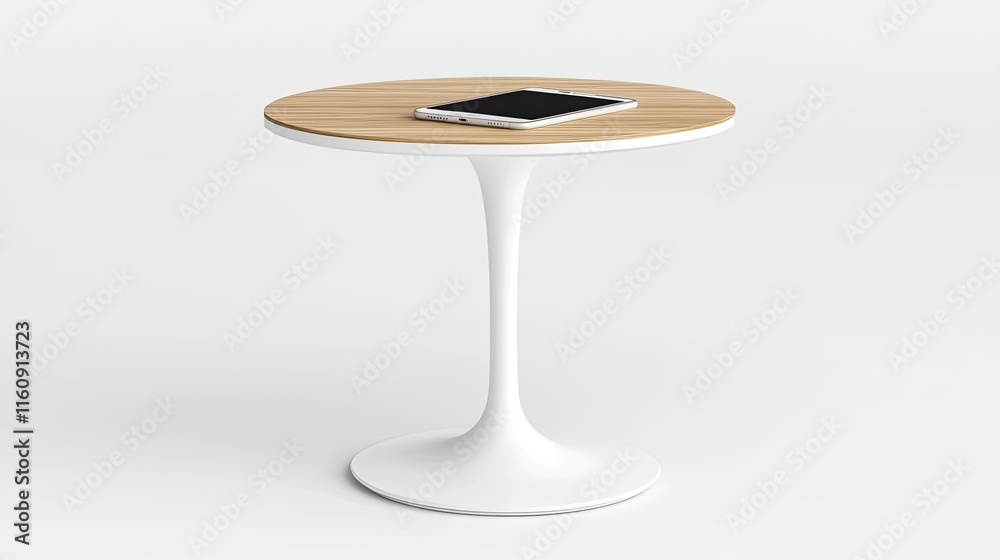 Modern round table with a sleek white base and wooden top holding a smartphone ideal for contemporary interior design and minimalist decor Modern round table with a sleek white base and wooden top holding a smartphone ideal for contemporary interior design and minimalist decor