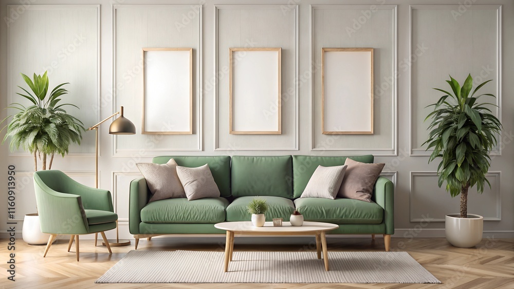 Mock-up frame in cozy light grey home interior background with green sofa and three frames.3d render Mock-up frame in cozy light grey home interior background with green sofa and three frames.3d render