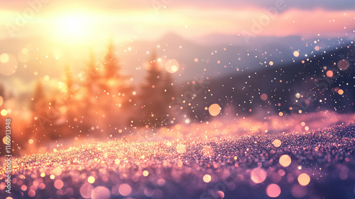 dreamy landscape with glittering background, soft light, and sparkling bokeh creates magical atmosphere