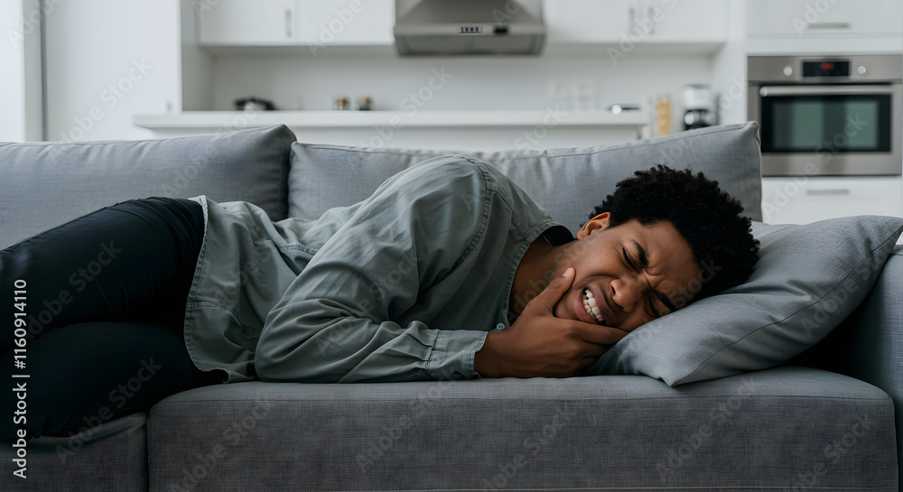 Man Experiencing Toothache Lying On Gray Sofa Indoor Setting Man Experiencing Toothache Lying On Gray Sofa Indoor Setting