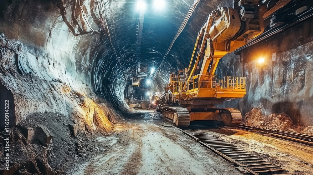 Naklejka premium industrial underground construction scene with massive tunnel boring machine surrounded by raw excavated materials and engineering equipment