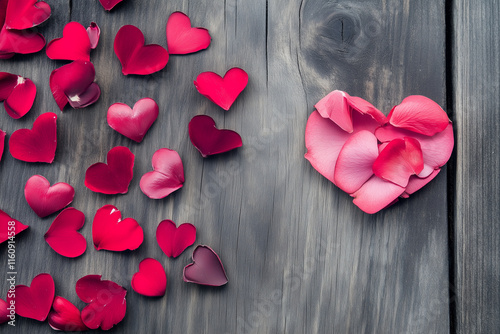 Flat Lay in wooden Background with Pink Rose Petals and Hearts – Romantic Valentine's Day Design