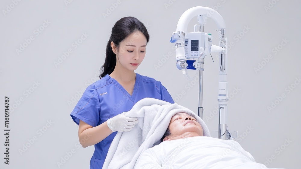 A healthcare professional assists a patient in a clinical setting. A healthcare professional assists a patient in a clinical setting.