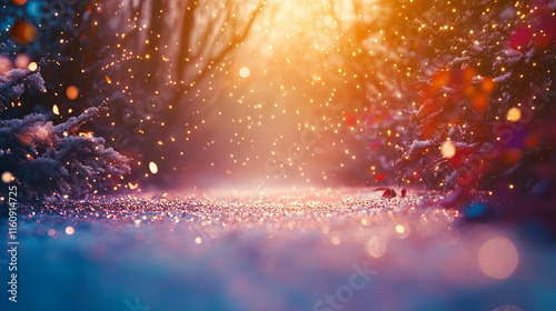 magical winter scene with sparkling snowflakes and glowing lights