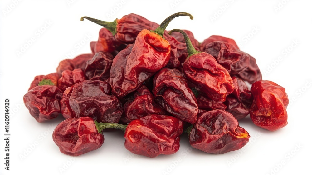 intensely red fresh chili peppers with vivid details and natural texture captured in high resolution against pure white background