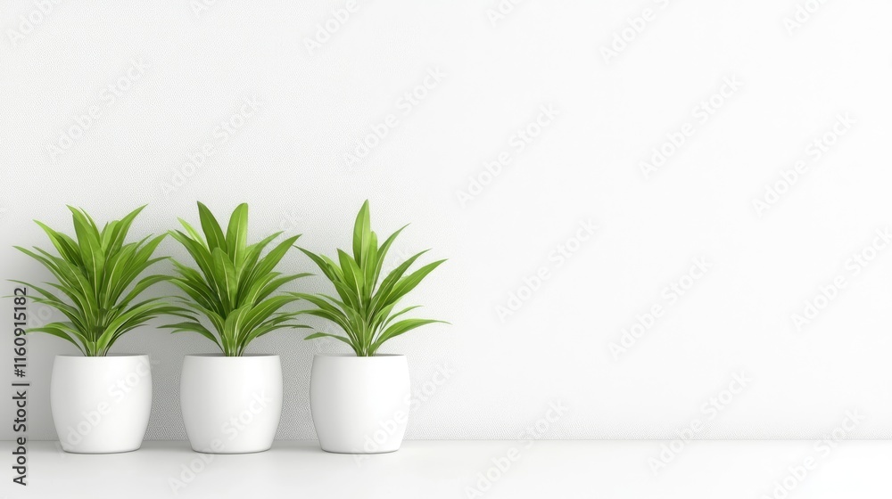 Fototapeta premium Refreshing indoor greenery arrangement with three potted plants against a minimalist white wall backdrop for home and office decoration