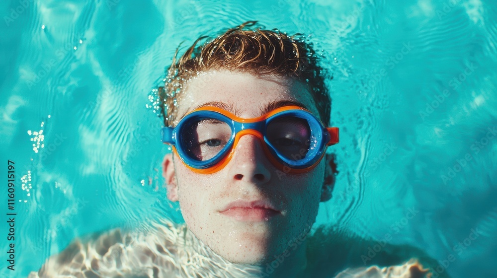 Naklejka premium Young Swimmer with Colorful Goggles Floating in Pool Water