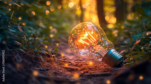 glowing lightbulb on forest path, surrounded by nature beauty and warm light