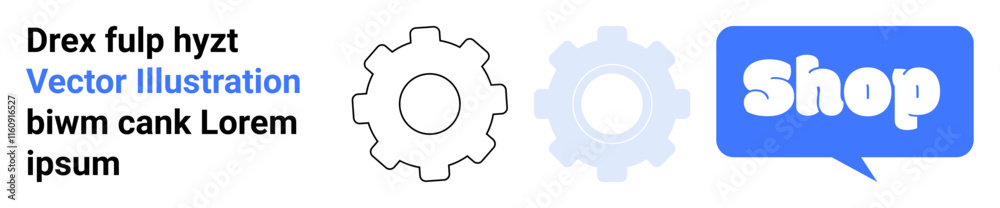 Two gear icons next to a blue speech bubble with the word Shop. Ideal for e-commerce, online shopping, customer service, technology, and digital marketing. Banner for landing page