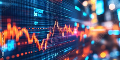 A stock market graph with an orange and blue color scheme displaying financial data