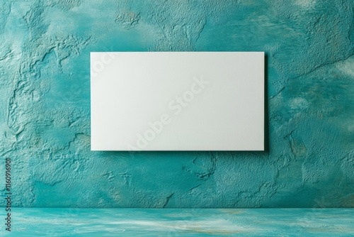 Blank canvas positioned against a textured turquoise wall for creative art projects or design concepts photo