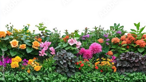 lush garden border with vibrant mixed flowers, ornamental shrubs, and textured foliage creating natural frame design element on white