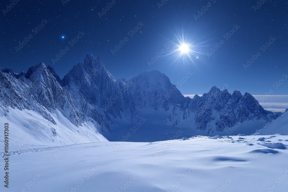 Snow-covered mountains illuminated by the bright moonlight during a clear night sky in a remote location Snow-covered mountains illuminated by the bright moonlight during a clear night sky in a remote location