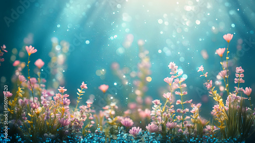 mystical underwater scene with vibrant flowers and shimmering light