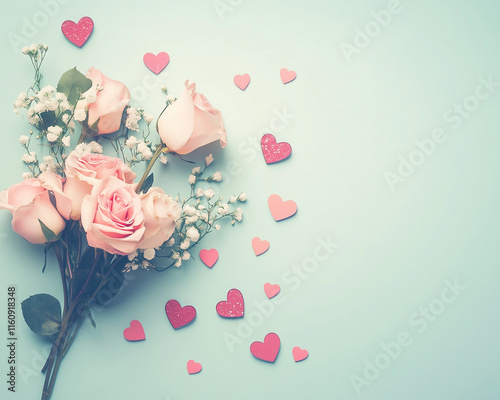 Valentine's Day Flat Lay with Red Roses and Hearts on Minimalist Background – Romantic Love Illustration