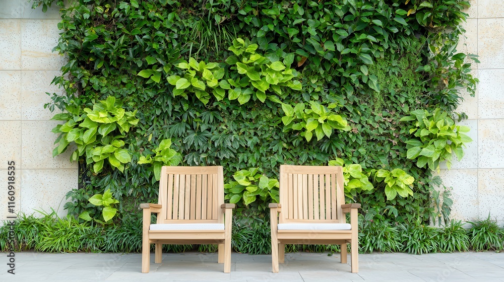 Garden greenery walls showcase sustainable design. Wooden chairs against a green vertical garden backdrop. Garden greenery walls showcase sustainable design. Wooden chairs against a green vertical garden backdrop.