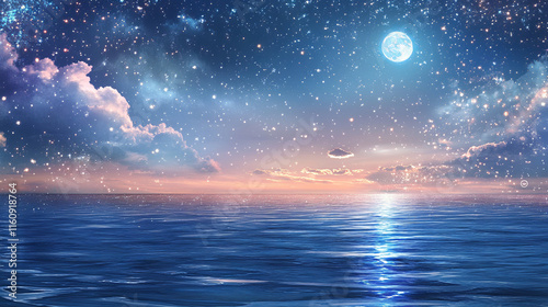 serene ocean view with glittering night sky and bright moon