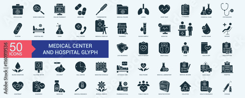 Medical center and hospital icon collection set with medical bag, search medicine, online pharmacy, medicine, thermometer, medical folder, lungs, heart beat, clipboard, chemical flask, stethoscope, pl